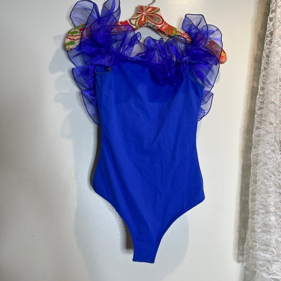 Free People Haute Wired Bodysuit Ruffles Tulle Trim Canyon Iris - Picture 4 of 6